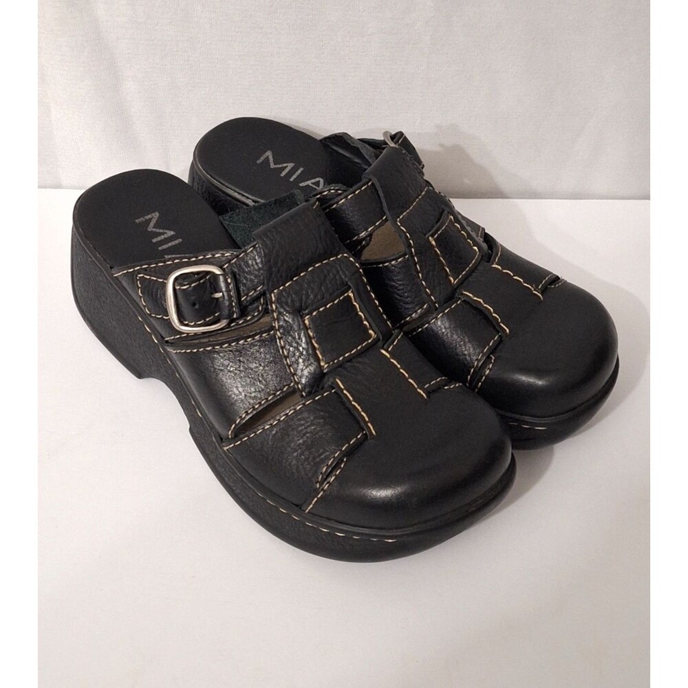 Vintage MIA Yale Black Leather Clogs Mules Shoes Women's 7.5M Platform Boho Y2K